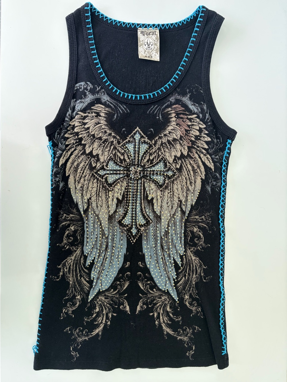 Vocal Black Tank with Turquoise Topstitching